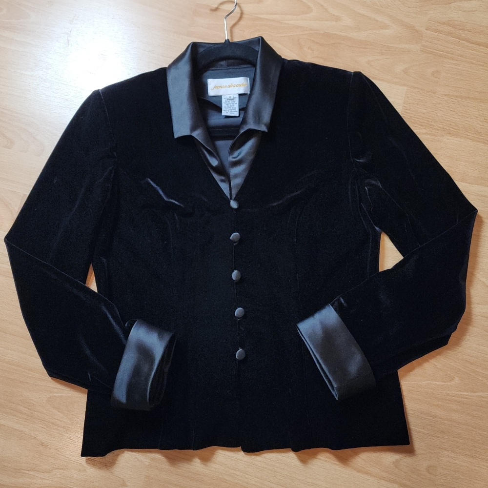 Jeanne Alexander Black Velvet Button Shirt Suit Jacket Blazer Satin Trim Size M